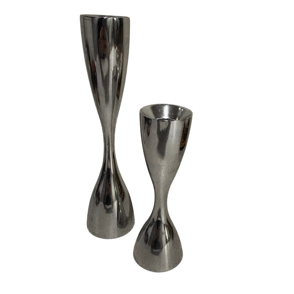 Vintage 1990's Nambe candleholders set of 2 tall & short shapely silver metal
